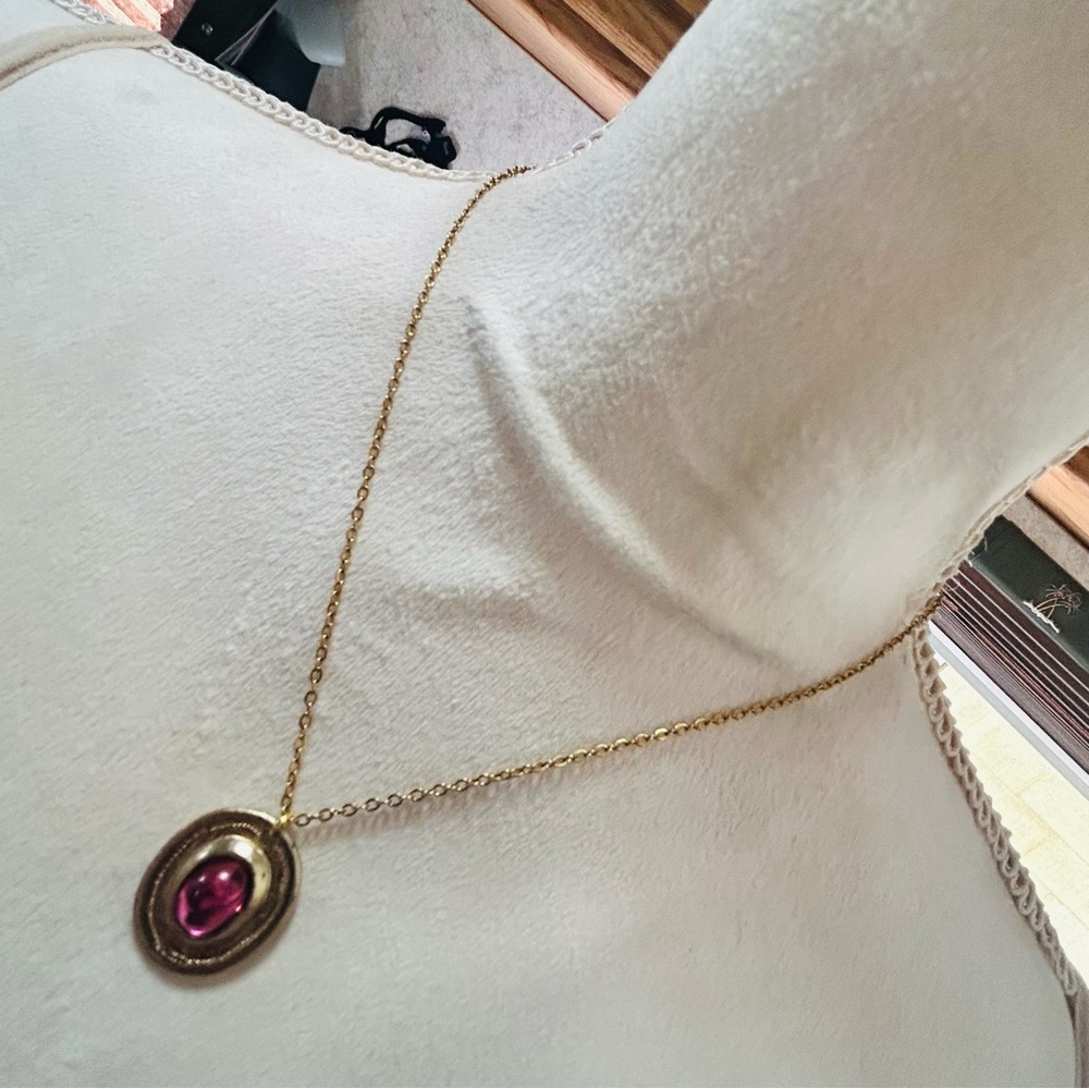 Handcrafted repurpose pink glass cabochon pendant on chain necklace